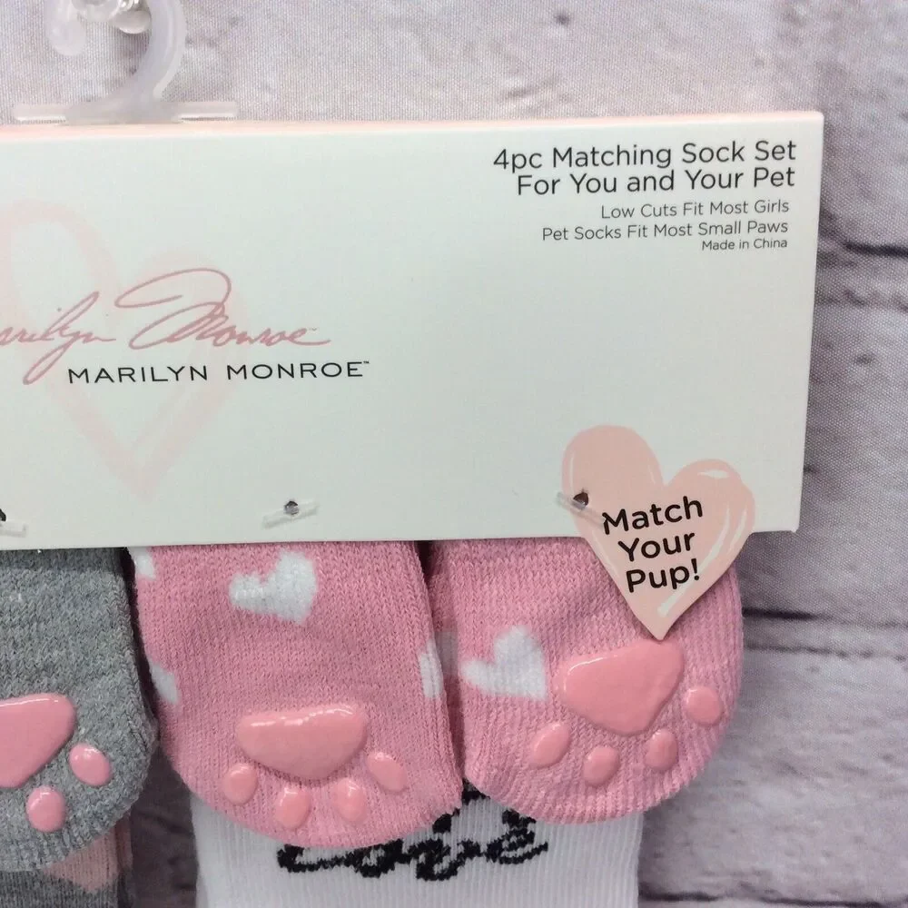 Marilyn Monroe Girls & Matching Pet Socks OSFM 4 Pair Set Low Cut Puppy Love NWT
